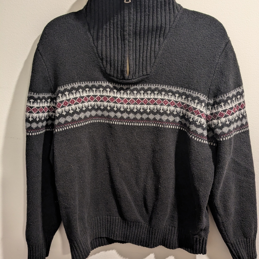 Eddie Bauer Black Cowl Neck Sweater with Gray and Red Pattern